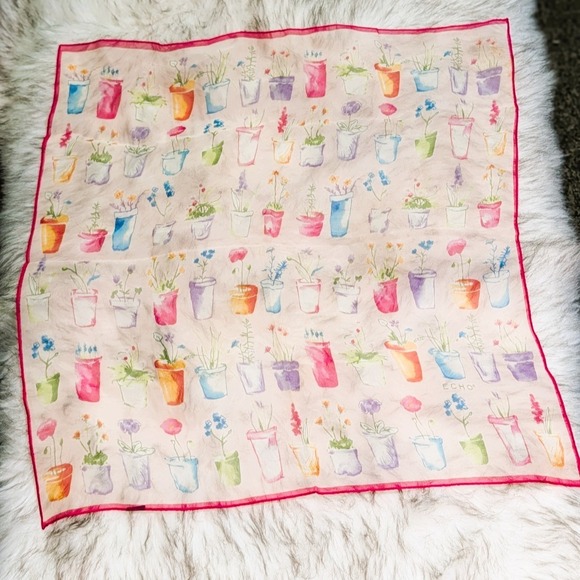 Echo Accessories - Vintage Echo Silk Head & Neck Scarf Potted Flowers Hot Pink Border